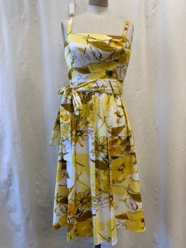 Womens, Dress, 2 Pieces, ADRIANNA PAPELL, White, Goldenrod Yellow, Yellow, Lt Brown, Cotton, Spandex, Floral, 2, with Matching Belt, Square Neckline, Straps, Extra Set of Interchangeable Spaghetti Straps, A-line Pleated Skirt, Zip Back