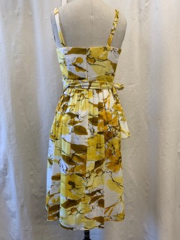 Womens, Dress, 2 Pieces, ADRIANNA PAPELL, White, Goldenrod Yellow, Yellow, Lt Brown, Cotton, Spandex, Floral, 2, with Matching Belt, Square Neckline, Straps, Extra Set of Interchangeable Spaghetti Straps, A-line Pleated Skirt, Zip Back