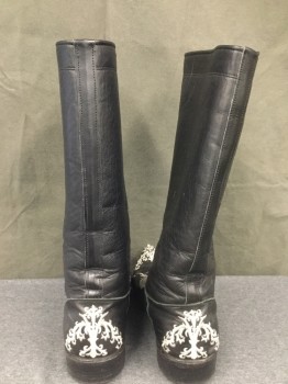 Mens, Historical Fiction Boots , MTO, Black, Silver, Leather, Solid, 10, Above Calf, Pointy Upturned Toe, Silver Tree-like Embroidery, 1 1/2" Heel