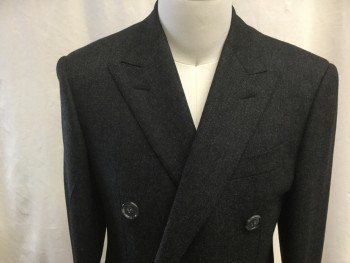 N/L, Charcoal Gray, Gray, Wool, Heathered, Notched Lapel, Double-Breasted Closure, 1 Chest Welt Pocket, 3 Flap Besom Pockets, Back Vent, Knee Length