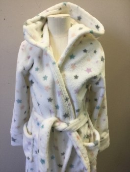 Childrens, Robe, PJ SALVAGE, White, Gray, Lt Pink, Lavender Purple, Polyester, Stars, XS/6, Plush Fleece, Long Sleeves, Hooded, Open at Center Front, Elastic Waist in Back, Self Ties Attached at Waist, 2 Patch Pockets