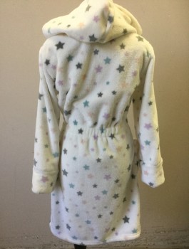 Childrens, Robe, PJ SALVAGE, White, Gray, Lt Pink, Lavender Purple, Polyester, Stars, XS/6, Plush Fleece, Long Sleeves, Hooded, Open at Center Front, Elastic Waist in Back, Self Ties Attached at Waist, 2 Patch Pockets
