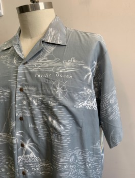 KOKO, Gray, White, Polyester, Hawaiian Print, Text, Tropical Landscape Print with Names of Hawaiian Locations, Short Sleeve Button Front, Collar Attached, 1 Patch Pocket, Stretchy