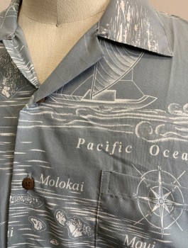 KOKO, Gray, White, Polyester, Hawaiian Print, Text, Tropical Landscape Print with Names of Hawaiian Locations, Short Sleeve Button Front, Collar Attached, 1 Patch Pocket, Stretchy