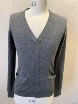 CLUB MONACO, Gray, Wool, Solid, Knit, V-neck, 5 Buttons, 2 Welt Pockets