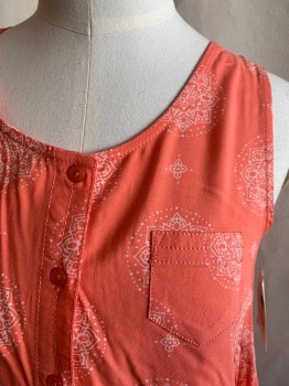 Childrens, Top, TUCKER & TATE, Coral Orange, White, Rayon, Medallion Pattern, 10/12, Coral with White Dotted Medallions, Button Front, Sleeveless, Scoop Neck, Gathered at Back Yoke, High-Low Hem Scallopped at Side Seams, 1 Pocket