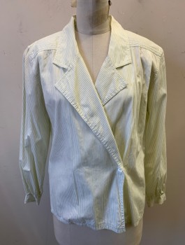 LIZ CLAIBORNE, White, Chartreuse Green, Cotton, Stripes - Pin, Jacket-Like Blouse, Long Sleeves, Fold Over 2 Button Closure, Notched Lapel, Heavily Padded Shoulders, Pleats at Shoulder Yoke