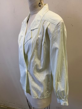 Womens, Blouse, LIZ CLAIBORNE, White, Chartreuse Green, Cotton, Stripes - Pin, B:38, Sz.6, Jacket-Like Blouse, Long Sleeves, Fold Over 2 Button Closure, Notched Lapel, Heavily Padded Shoulders, Pleats at Shoulder Yoke