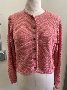 Womens, Sweater, GEIGER, Pink, Cotton, Solid, B 40, Cardigan, Textured Body with Lace Knit Sleeves & Under Arm Area, Long Sleeves, Crew Neck, Pewter Floral Buttons