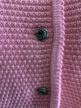 Womens, Sweater, GEIGER, Pink, Cotton, Solid, B 40, Cardigan, Textured Body with Lace Knit Sleeves & Under Arm Area, Long Sleeves, Crew Neck, Pewter Floral Buttons