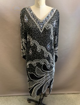 Womens, Cocktail Dress, TAGBURROW BY RICHARD, Black, Silver, White, Silk, Beaded, Swirl , Abstract , H:36, B:34, Sheer Chiffon Covered in Beads and Sequins, 3/4 Sleeves with Scallopped Arm Openings, V-neck, Shift Dress, Hem Below Knee, Jagged Edge at Hem,