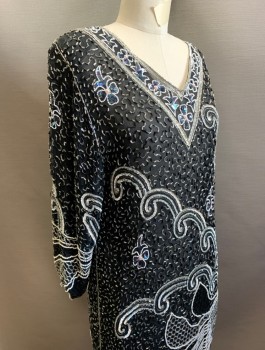 Womens, Cocktail Dress, TAGBURROW BY RICHARD, Black, Silver, White, Silk, Beaded, Swirl , Abstract , H:36, B:34, Sheer Chiffon Covered in Beads and Sequins, 3/4 Sleeves with Scallopped Arm Openings, V-neck, Shift Dress, Hem Below Knee, Jagged Edge at Hem,