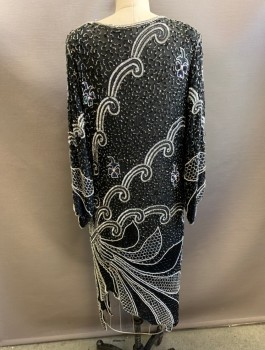 TAGBURROW BY RICHARD, Black, Silver, White, Silk, Beaded, Swirl , Abstract , Sheer Chiffon Covered in Beads and Sequins, 3/4 Sleeves with Scallopped Arm Openings, V-neck, Shift Dress, Hem Below Knee, Jagged Edge at Hem,
