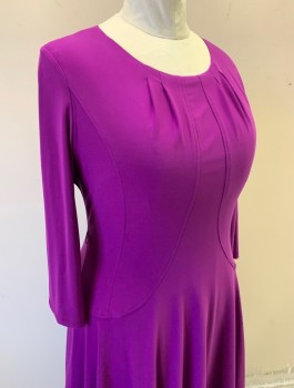 Womens, Dress, ANNE KLEIN, Purple, Polyester, Elastane, Solid, B:42, 14, W:36, Jersey Knit, Scoop Neck, A-Line, Curved Seams at Waist, Small Pleats at Neckline, Knee Length, Invisible Zipper in Back
