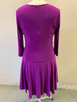 Womens, Dress, ANNE KLEIN, Purple, Polyester, Elastane, Solid, B:42, 14, W:36, Jersey Knit, Scoop Neck, A-Line, Curved Seams at Waist, Small Pleats at Neckline, Knee Length, Invisible Zipper in Back