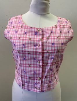 Womens, Blouse, N/L, Pink, White, Cotton, Acetate, Plaid, B:38, Plaid with Purple and Olive Textured Tufts/Dots in Fabric, Sleeveless, Pearl Buttons at Front, Scoop Neck, Short Waisted