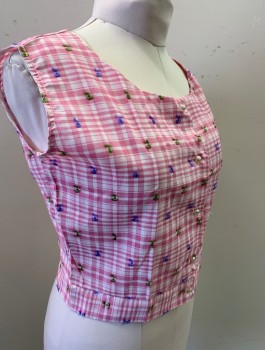 N/L, Pink, White, Cotton, Acetate, Plaid, Plaid with Purple and Olive Textured Tufts/Dots in Fabric, Sleeveless, Pearl Buttons at Front, Scoop Neck, Short Waisted