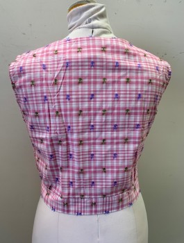 N/L, Pink, White, Cotton, Acetate, Plaid, Plaid with Purple and Olive Textured Tufts/Dots in Fabric, Sleeveless, Pearl Buttons at Front, Scoop Neck, Short Waisted
