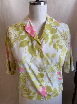 LEE MAR, Off White, Lt Olive Grn, Pink, Synthetic, Floral, Leaves/Vines , Short Sleeves, Button Front, 3 Pearl Buttons
