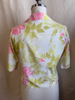 Womens, Top, LEE MAR, Off White, Lt Olive Grn, Pink, Synthetic, Floral, Leaves/Vines , B38, Short Sleeves, Button Front, 3 Pearl Buttons