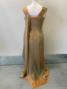 Womens, Sci-Fi/Fantasy Dress, MTO, Copper Metallic, Bronze Metallic, Gold, Synthetic, Solid, B38, V-N, Slvls, Thick Straps with Hook & Eyes, Side Zipper, Long Pleated Train, Gold Applique on Right Bust/Shoulder *Several Spots of Topstick Residue on Train*