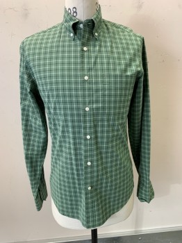 J.CREW, Dusty Green, White, Navy Blue, Cotton, Elastane, Plaid - Tattersall, L/S, Button Front, C.A., Button Down Collar, 1 Pocket