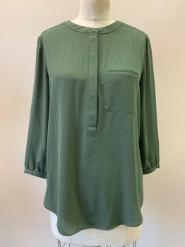 NYDJ, Olive Green, Polyester, Solid, L/S, Button Front, Crew Neck, Chest Pocket, Pleated Back