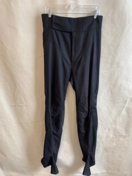 Mens, Sci-Fi/Fantasy Pants, MTO, Black, Wool, Synthetic, Solid, 32, 32, Flat Front, Zip Fly, Large Flap on Waistband with Hook & Eye Closure, No Pockets, Padded Mesh on Outside of Knees, Boot Cover