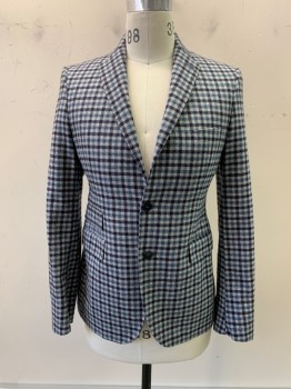 PINOLERARIO, Lt Gray, Slate Blue, Navy Blue, Wool, Gingham, Notched Lapel, Single Breasted, Button Front, 2 Buttons, 3 Pockets