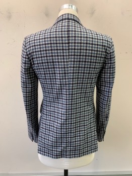 PINOLERARIO, Lt Gray, Slate Blue, Navy Blue, Wool, Gingham, Notched Lapel, Single Breasted, Button Front, 2 Buttons, 3 Pockets