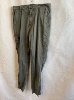 NL, Olive Green, Cotton, Slant Pockets, Zip Front, Flat Front, Zip Pocket at Right Thigh, 2 Back Zip Pockets, Zippers at Hem