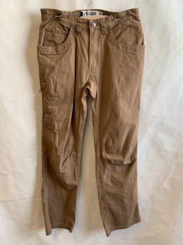 Mens, Casual Pants, MOUNTAIN KHAKIS, Brown, Cotton, Solid, 32/32, Zip Fly, 6 Pockets with 1 Hidden Side Seam Zip Pocket, Diagonal Seams on Knee, Hiking Pants