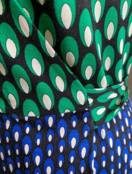 DVF, Green, Blue, Black, Cream, Silk, Abstract , Knit Wrap Dress, Top Half is Green Pattern, Bottom is Blue, Self Ties at Waist, Knee Length