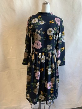BROOKS BROTHERS, Black, Pink, Yellow, Dk Green, Ecru, Polyester, Floral, Band Collar, Zip Back, Long Sleeves, Gathered Skirt, Knee Length
