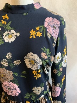 BROOKS BROTHERS, Black, Pink, Yellow, Dk Green, Ecru, Polyester, Floral, Band Collar, Zip Back, Long Sleeves, Gathered Skirt, Knee Length