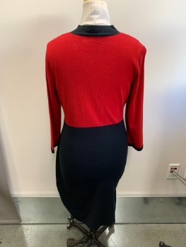 NINE WEST, Red, Black, Cotton, Acrylic, Color Blocking, Round Neck, Black Bow Attached At Neck