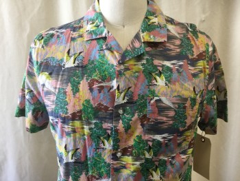 TOPMAN, Blue-Gray, Lt Pink, Yellow, Lt Blue, White, Cotton, Graphic, Self Stork And Landscape Print, See Photo Attached, Short Sleeves, Button Front, Collar Attached, Notched Collar, 1 Pocket,