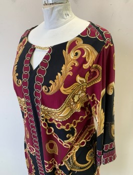 FOREVER WOMAN, Red Burgundy, Gold, Black, Polyester, Spandex, Novelty Pattern, Ornate Gold Leaf, Chains, Swirls Pattern/Print, Stretchy, 3/4 Sleeves, Scoop Neck with Keyhole, Gold Metal Chain Detail, Knee Length Shift Dress