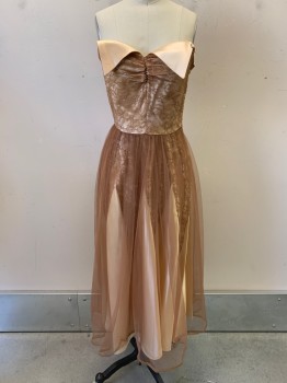 Womens, Evening Gown, NL, Brown, Nylon, W: 25, B: 32, Strapless, Fold Over Beige Flaps Over Bust, Lace Bodice, Brown Tulle Over Skirt, Beige Under Skirt with Lace Triangle Sections, A-Line, Tea Length, Zip Side