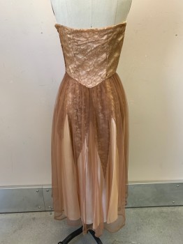Womens, Evening Gown, NL, Brown, Nylon, W: 25, B: 32, Strapless, Fold Over Beige Flaps Over Bust, Lace Bodice, Brown Tulle Over Skirt, Beige Under Skirt with Lace Triangle Sections, A-Line, Tea Length, Zip Side