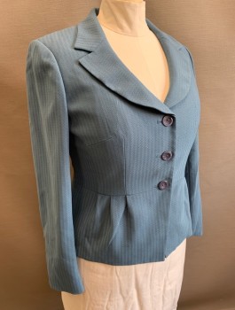JOHN MEYER, Slate Blue, Polyester, Solid, Self Zig Zag Texture, Single Breasted, 3 Buttons,  Notched Lapel, Peplum Waist with 3 Pleats at Hip, Fitted, Lightly Padded Shoulders