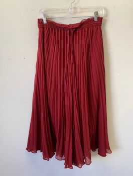 Womens, Skirt, Long, ZARA, Cranberry Red, Polyester, Solid, S, Skirt with Shorts Built in Underneath, Chemically Pleated Chiffon, Elastic Waist, Grosgrain Ties at Waist, Ankle Length