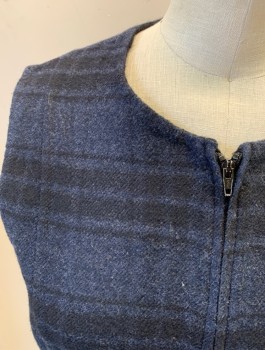 AKRIS, Navy Blue, Black, Wool, Plaid, Solid, **Reversible** One Side is Navy/Black Plaid, Opposite is Solid Black, Round Neck, Center Front Zipper, 2 Hip Pockets, Vertical Shaping Seams Throughout, Hem Above Knee, High End **Barcode in Zip Pocket on Plaid Side