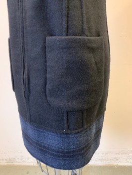 AKRIS, Navy Blue, Black, Wool, Plaid, Solid, **Reversible** One Side is Navy/Black Plaid, Opposite is Solid Black, Round Neck, Center Front Zipper, 2 Hip Pockets, Vertical Shaping Seams Throughout, Hem Above Knee, High End **Barcode in Zip Pocket on Plaid Side