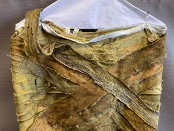 Mens, Historical Fiction Piece 2, MTO, Ochre Brown-Yellow, Cotton, Spandex, W34, Mummy Bottom, Center Back Zipper, Zips to Torso Piece, Legs are Wrapped Together But Has a Center Back Zipper and Elastic to Allow the Actor to Walk. Cotton Gauze with Faded Hieroglyphics, Aged/Distressed,