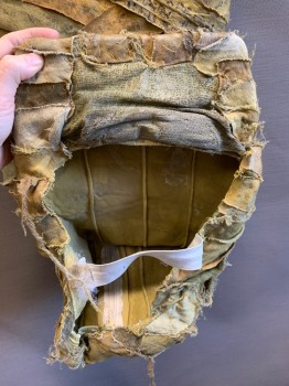 Mens, Historical Fiction Piece 2, MTO, Ochre Brown-Yellow, Cotton, Spandex, W34, Mummy Bottom, Center Back Zipper, Zips to Torso Piece, Legs are Wrapped Together But Has a Center Back Zipper and Elastic to Allow the Actor to Walk. Cotton Gauze with Faded Hieroglyphics, Aged/Distressed,