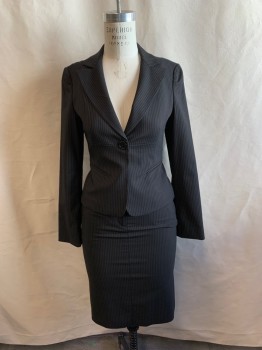 BCBG, Black, Brown, Wool, Polyester, Stripes, BLAZER, Single Breasted, Peaked Lapel, 1 Button, 2 Pockets, 5 Button Cuffs, Pleated Back