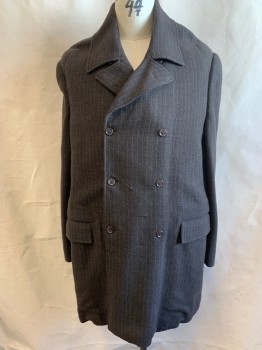 Mens, Coat 1890s-1910s, MTO, Brown, Cream, Wool, Stripes - Vertical , C:50, Double Breasted, Wide Notched Lapel, 2 Flap Pocket, Car Coat Length, Full Cotton Lining, Odd Cut