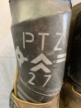 Womens, Sci-Fi/Fantasy Boots , N/L MTO, Brown, Black, Leather, Rubber, Sz.10, Tactical Futuristic Boots, Panels of Aged Leather, Silver Buckles at Sides, Text Stamped on Front "PTZ 27",  Just Below Knee Length, Made To Order, Multiples
