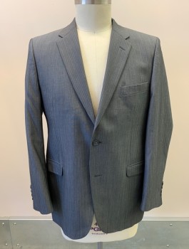 VIYELLA, Gray, White, Wool, Silk, Oxford Weave, Stripes, Single Breasted, 2 Buttons, 3 Pockets, Notched Lapel, Single Vent